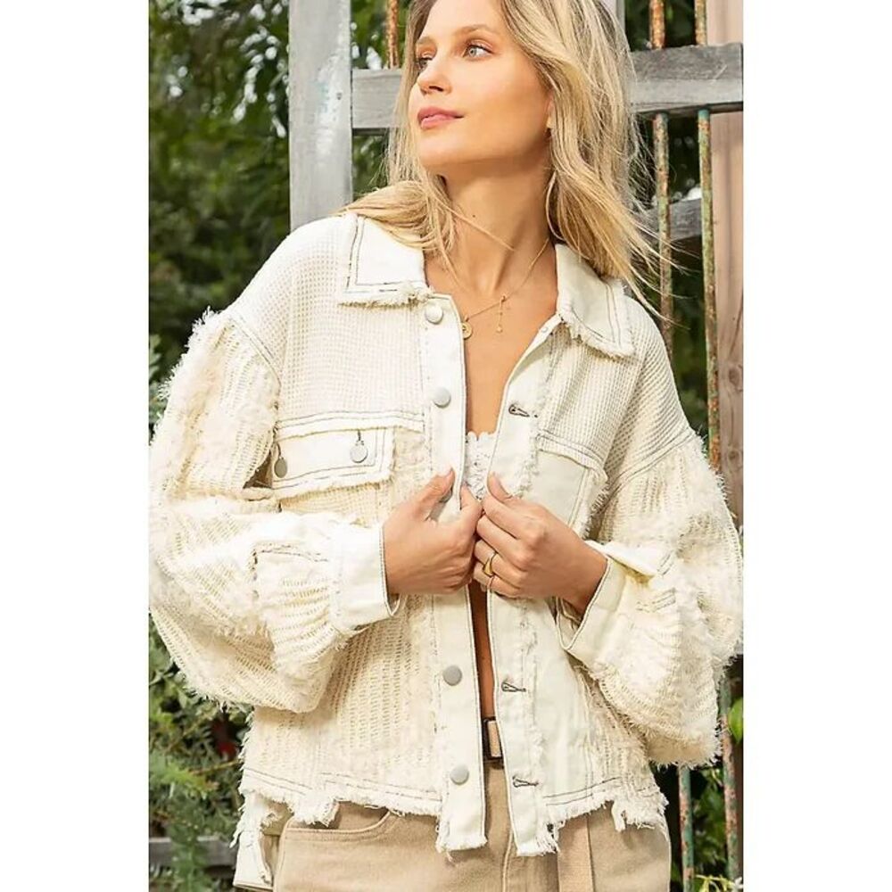 NWT POL Off White Funky Oversized Distressed Shacket Size Small